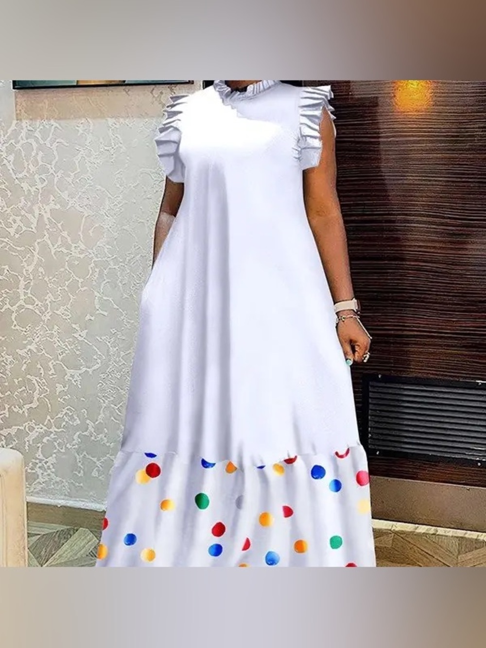 White Ruffle‎ Sleeve Maxi Dress with Colorful Polka Dots